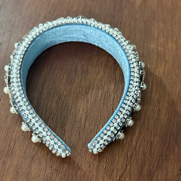 Embellished Blue Headband with Pearls and Rhinestones - Picture 2 of 2